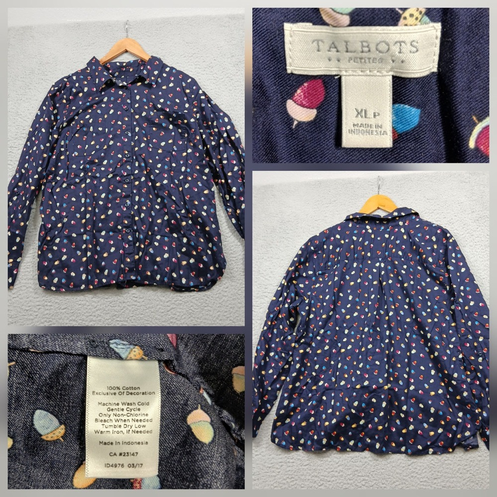 Talbots Petites Women's XLP Navy Acorn Print Cotton Button Down Shirt‎